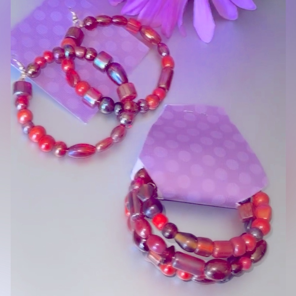 Two piece handmade earrings and wrap bracelet set made of glass brand new